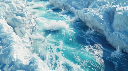 Detailed look at a glacier's meltwater river, turquoise water rushing through ice channels realistic