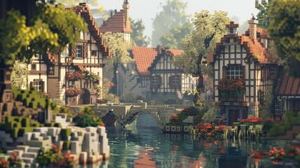 Digital artwork depicting a quaint village created in pixel art style. Generative AI realistic
