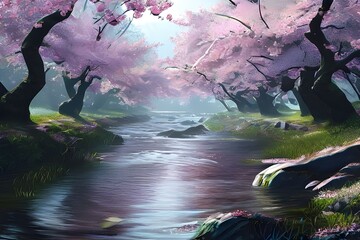  a serene river surrounded by blooming cherry trees. The trees are pink and cover the riverbanks and sky. The river appears calm and reflective, with rocks visible in the water. The grass on the river