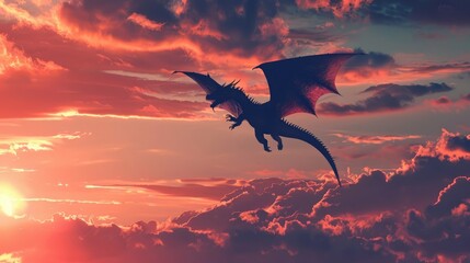 dragon soaring in the sky at dusk, detailed silhouette against a vividly colored sunset, photorealistic clouds and sky realistic