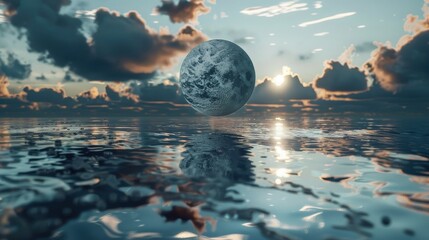 Earth globe levitating over a pool of water, moon reflection in the water, twilight, dramatic ambiance realistic