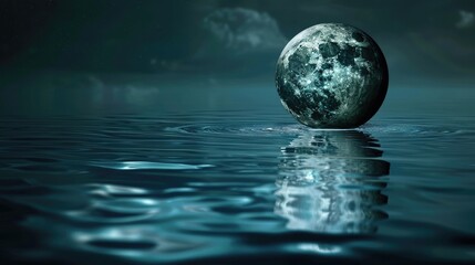 Earth globe levitating over a pool of water, moon reflection in the water, twilight, dramatic ambiance realistic