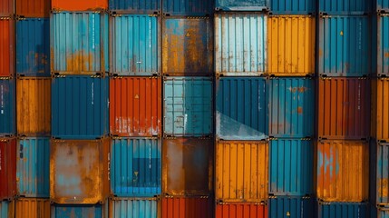 Fototapeta premium Transport container for cargo transportation background, shipping container yard, industrial port storage freight global. Industrial container yard for logistic import export business and forklift.