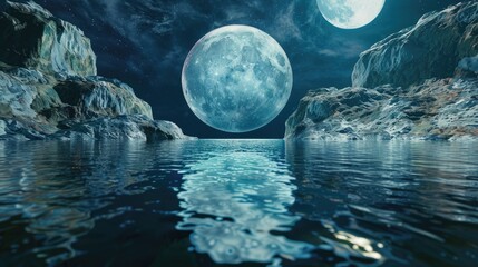 Earth globe levitating over a pool of water, moon reflection in the water, twilight, dramatic ambiance realistic