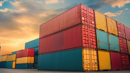 Fototapeta premium Transport container for cargo transportation background, shipping container yard, industrial port storage freight global. Industrial container yard for logistic import export business and forklift.