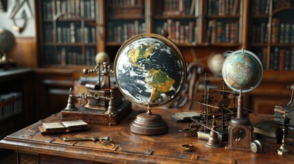 Earth globe, spinning on an ancient mahogany desk, surrounded by antique navigational tools realistic