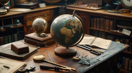 Earth globe, spinning on an ancient mahogany desk, surrounded by antique navigational tools realistic