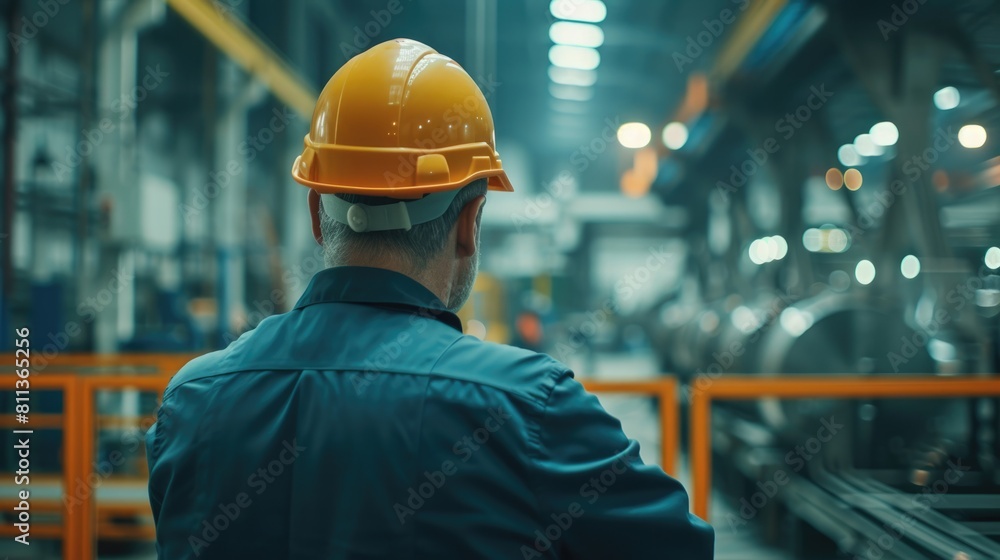 Poster smart civil engineer with safety helmet looking at production line while standing in front of factor