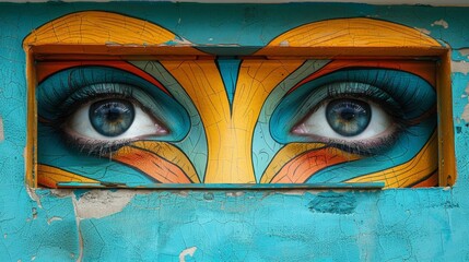 A close up of a painted eye with blue and yellow eyes, AI