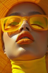 A woman with yellow glasses and a hat wearing lipstick, AI