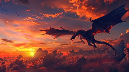dragon soaring in the sky at dusk, detailed silhouette against a vividly colored sunset, photorealistic clouds and sky realistic