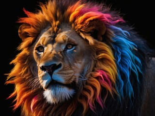 Abstract lion head, Multicolored flames dance in the outline of the majestic creature against black.