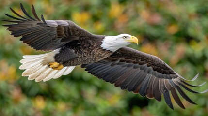 Fototapeta premium Realm of Majesty, In the Presence of a Bald Eagle's Flight, Its Commanding Presence Illuminated Against the Towering Majesty of Evergreens, a Moment of Wilderness Splendor