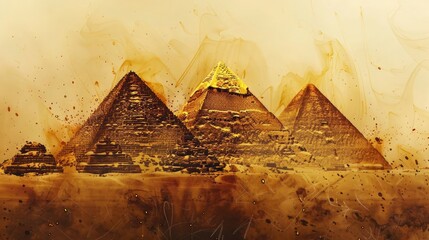 Egyptian Pyramids, ink splatter style, desert colors with pops of gold realistic