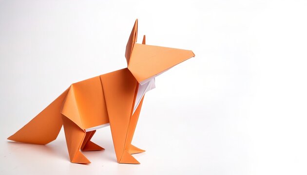 Animal concept origami isolated on white background of a red fox - Vulpes vulpes - with copy space side, simple starter craft for kids