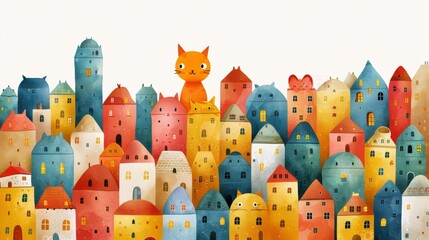 A colorful illustration of a cat sitting on top of many houses, AI