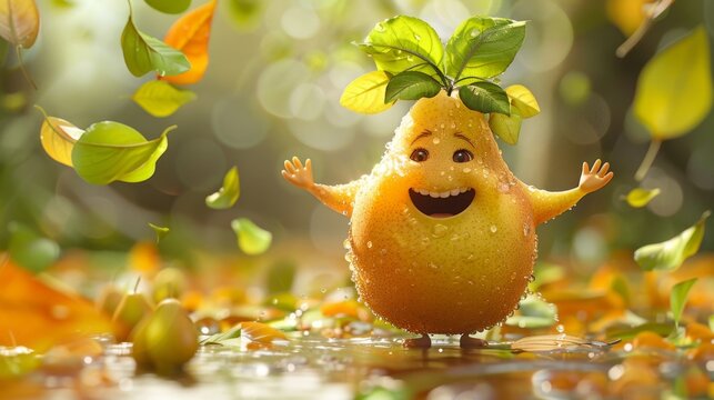 character animation, the lively pear cartoon bounces with excitement, its green leafy hair bobbing as it jumps up and down energetically