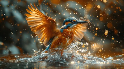  Timeless Elegance, Kingfisher Dives into Crystal Waters, Splash Suspended, Against Serene River Backdrop - a Captivating Display of Nature's Grace. 