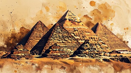 Egyptian Pyramids, ink splatter style, desert colors with pops of gold realistic