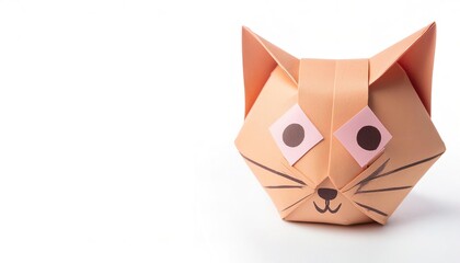 Animal concept origami isolated on white background of a house cat - felis catus - close up of face looking at camera with copy space, simple starter craft for kids