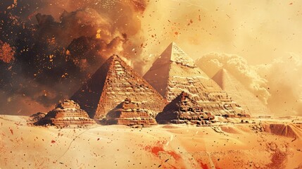 Egyptian Pyramids, ink splatter style, desert colors with pops of gold realistic