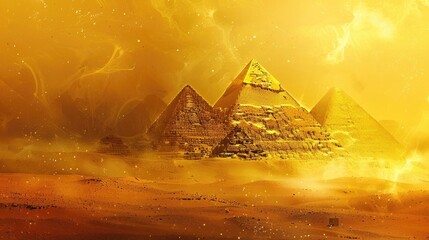 Egyptian Pyramids, ink splatter style, desert colors with pops of gold realistic