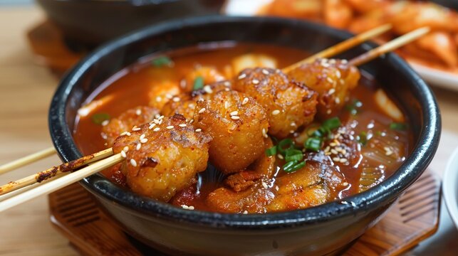 Odeng, Korean fish cake skewer in Korean spicy soup . Generative Ai