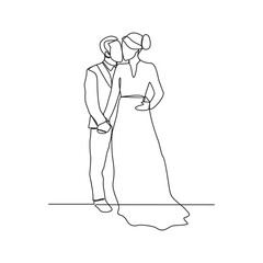 
One continuous line drawing of Wedding ceremony vector illustration. the bride and groom with wedding costume design illustration simple linear style vector concept. Wedding design illustration.