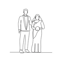 
One continuous line drawing of Wedding ceremony vector illustration. the bride and groom with wedding costume design illustration simple linear style vector concept. Wedding design illustration.