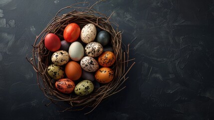 Easter eggs in a nest with bird eggs on a black background, viewed from above. realistic