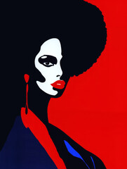 An illustration of a woman in a minimalist style in trendy red, blue and black colors. The concept of individuality
