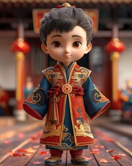 Cartoon, 3D boy in national traditional Asian attire.