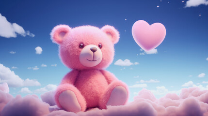 illustration of a cute cuddly pink teddybear in the sky with a small heart