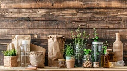 eco-friendly products made from recycled materials, arranged neatly on a wooden table, against a rustic barn wood background realistic