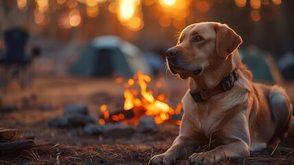 Camping Site with Yellow Labrador Retriever Resting Near Campfire and Tent