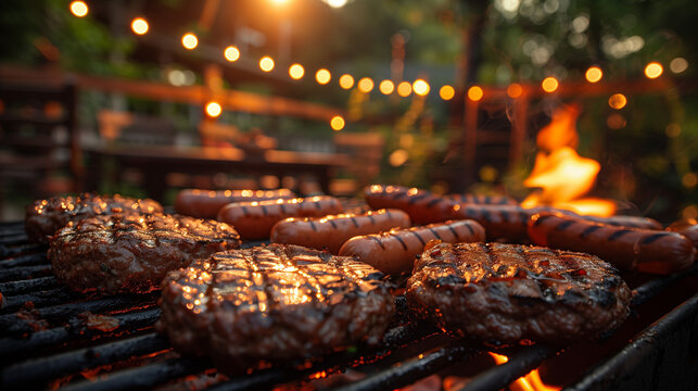 Several Juicy Hamburger Patties and Hot Dogs Grilling on a Iron Grate Over an Open Flame