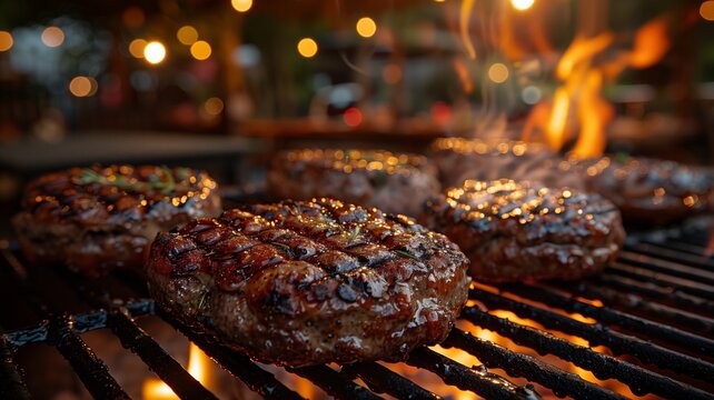 Several Juicy Hamburger Patties Grilling on a Iron Grate Over an Open Flame
