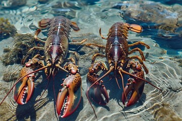 Lobster on the beach. Two live crayfish on the seashore. Lobster in the sea.