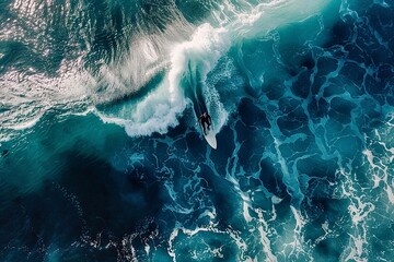 Aerial view of a surfer on a surfboard in the ocean