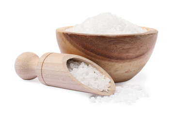 Natural salt in wooden bowl and scoop on white background