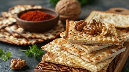 Passover celebration concept. Matzah, red kosher and walnut. Generative Ai