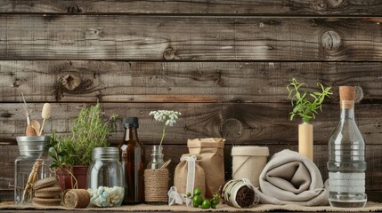 eco-friendly products made from recycled materials, arranged neatly on a wooden table, against a rustic barn wood background realistic