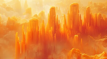 A large orange and yellow painting of a city with mountains in the background, AI