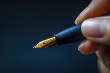 Fountain pen in hand on a dark background close-up.