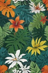 Fototapeta premium vibrant lush tropical leaves and flowers of hibiscus