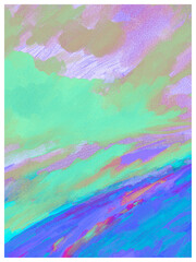 Colorful Impressionistic, Almost Abstract Cloudscape with Pathway or trail Digital Painting, Art, Artwork, Illustration or Design with Texture in Purple, Orange, Green & Lavender