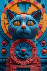 A cat sculpture with a blue face and red eyes, AI