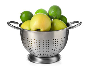 Colander with fresh fruits isolated on white