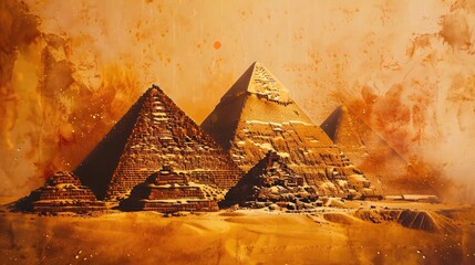 Egyptian Pyramids, ink splatter style, desert colors with pops of gold realistic