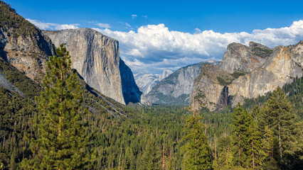 Panorama view of the Yosemite Valley from the tunnel entrance to the Valley. Yosemite National Park, California